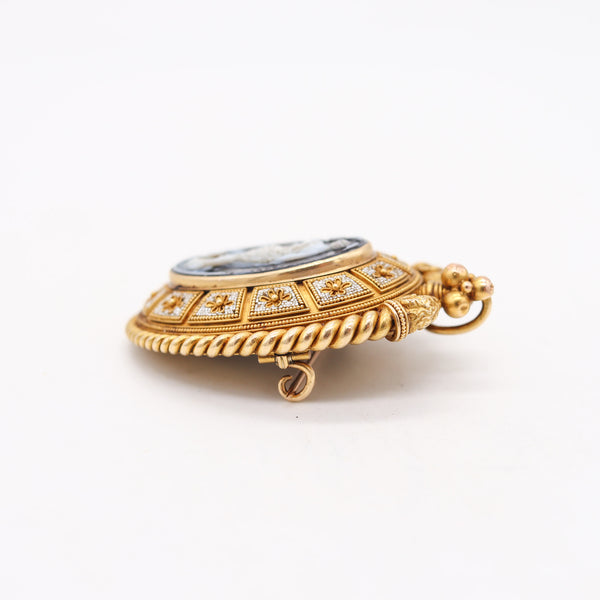 ERNEST PIERRET 1880 Etruscan Micro Mosaic Pendant Brooch In 18Kt Gold & Sardonyx