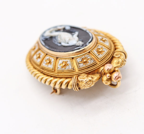 ERNEST PIERRET 1880 Etruscan Micro Mosaic Pendant Brooch In 18Kt Gold & Sardonyx