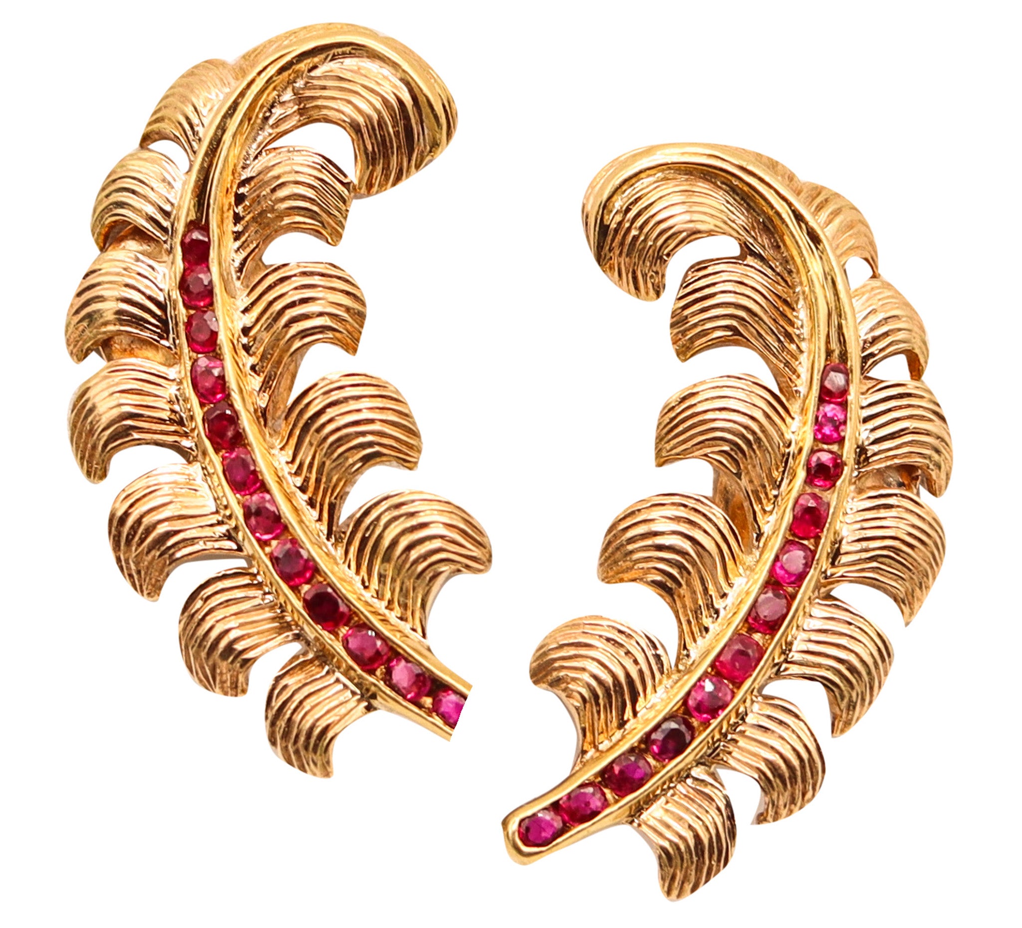 GEORGE SCHULER 1950 Leaves Clips Earrings In 14Kt yELLOW Gold With Rubies