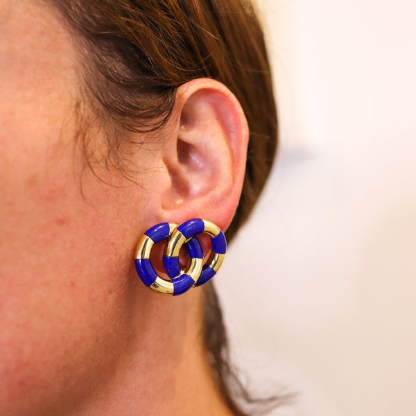 ANGELA CUMMINGS Circled Geometric Clips On Earrings In 18Kt Gold With Lapis