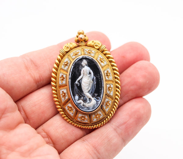 ERNEST PIERRET 1880 Etruscan Micro Mosaic Pendant Brooch In 18Kt Gold & Sardonyx