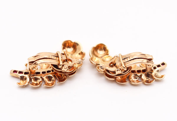 GEORGE SCHULER 1950 Leaves Clips Earrings In 14Kt yELLOW Gold With Rubies