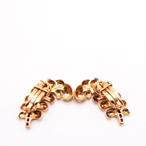 GEORGE SCHULER 1950 Leaves Clips Earrings In 14Kt yELLOW Gold With Rubies