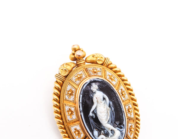 ERNEST PIERRET 1880 Etruscan Micro Mosaic Pendant Brooch In 18Kt Gold & Sardonyx