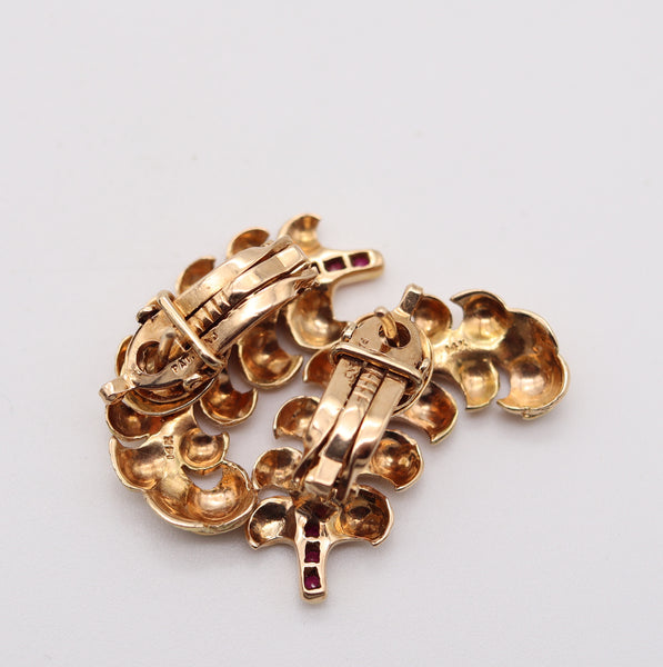 GEORGE SCHULER 1950 Leaves Clips Earrings In 14Kt yELLOW Gold With Rubies