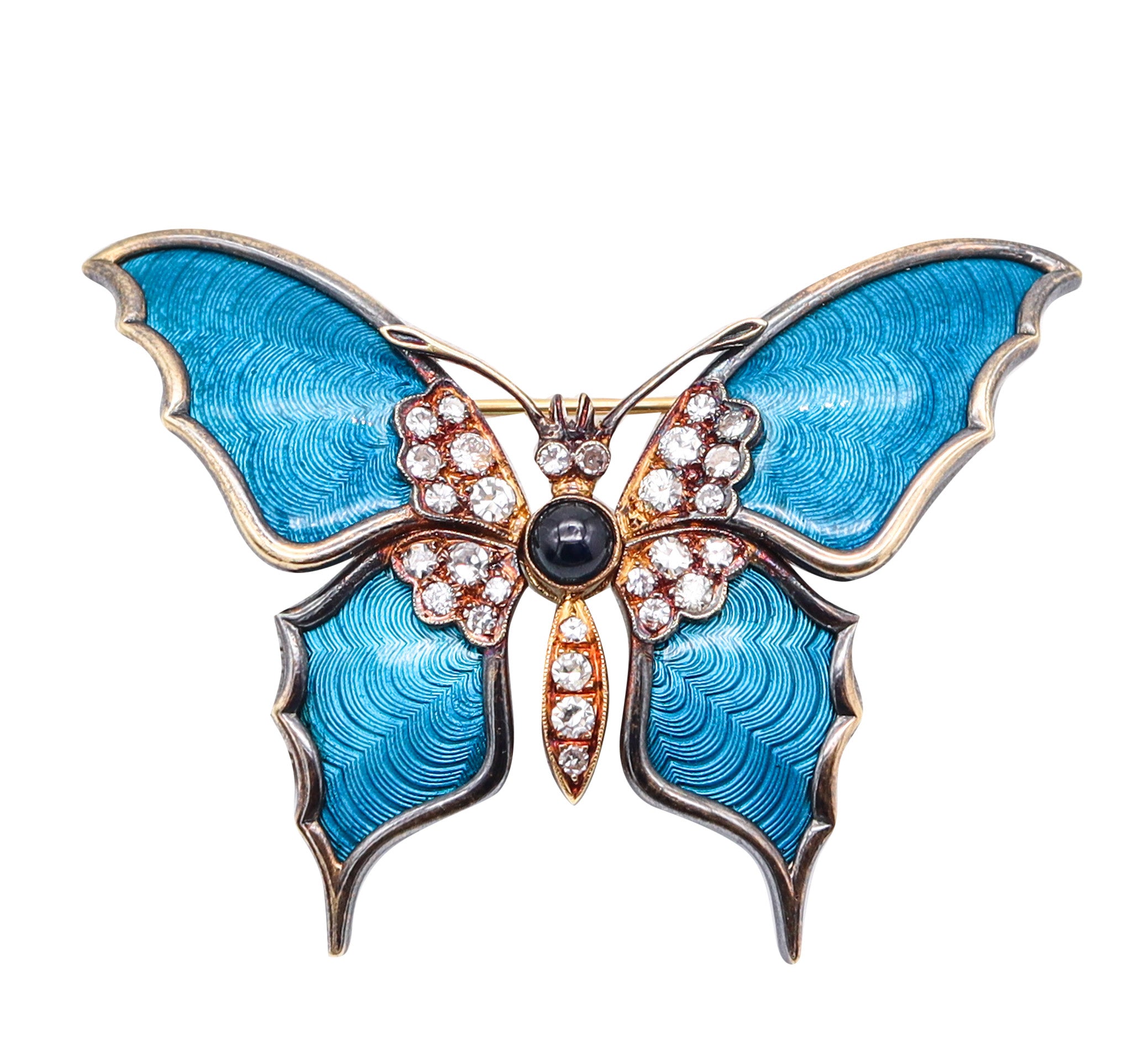 AUSTRIAN 1930 Guilloche Enamel Butterfly Brooch In 18Kt Gold, Sapphire & Diamonds