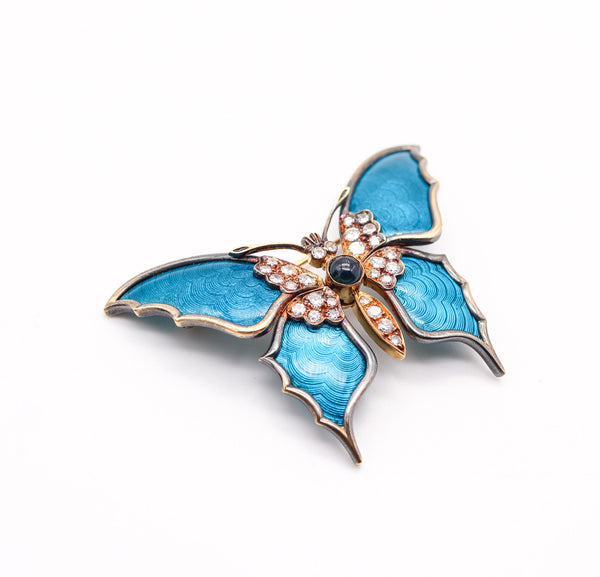 AUSTRIAN 1930 Guilloche Enamel Butterfly Brooch In 18Kt Gold, Sapphire & Diamonds