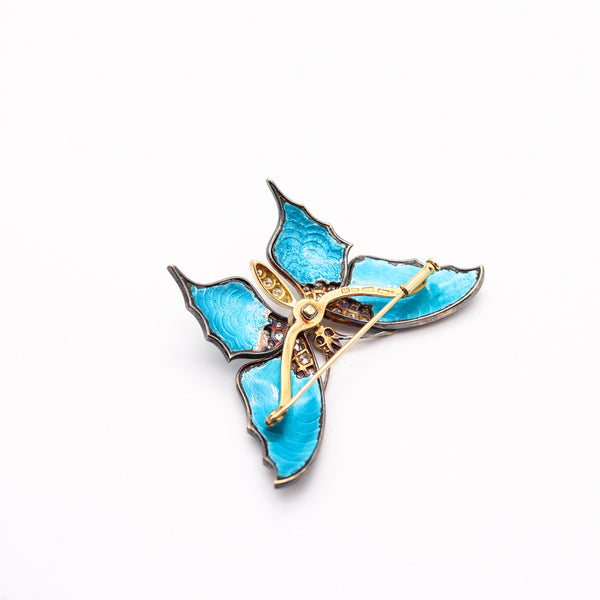 AUSTRIAN 1930 Guilloche Enamel Butterfly Brooch In 18Kt Gold, Sapphire & Diamonds