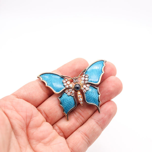 AUSTRIAN 1930 Guilloche Enamel Butterfly Brooch In 18Kt Gold, Sapphire & Diamonds