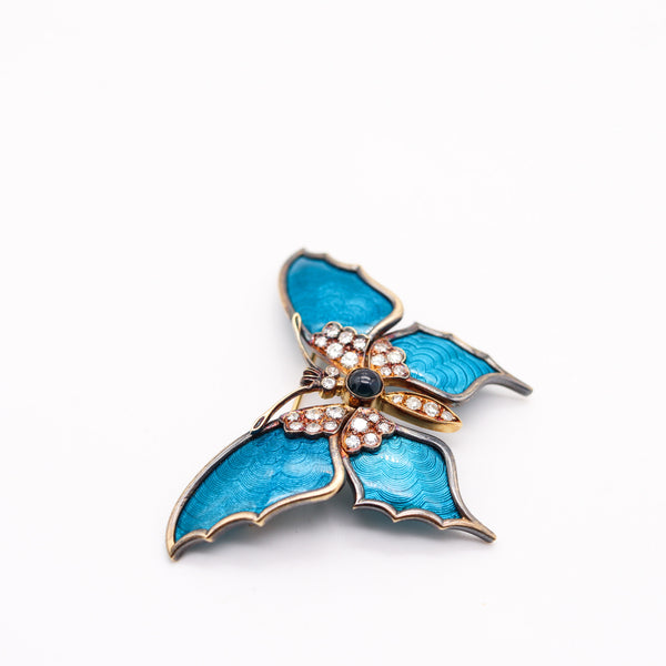 AUSTRIAN 1930 Guilloche Enamel Butterfly Brooch In 18Kt Gold, Sapphire & Diamonds