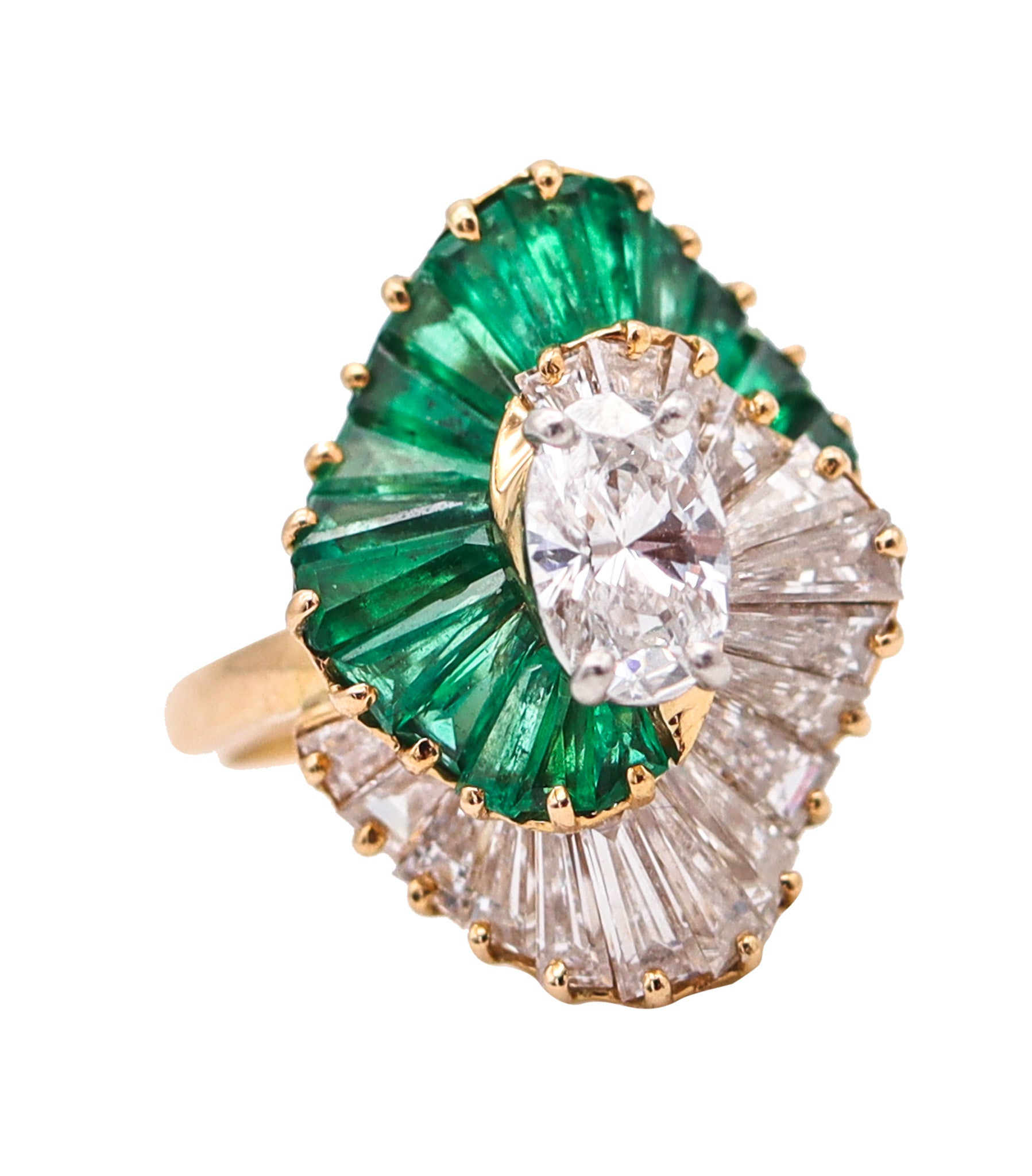 OSCAR HEYMAN Cocktail Ring In 18Kt Gold, Platinum, 2.98 Ctw Emeralds & Diamonds