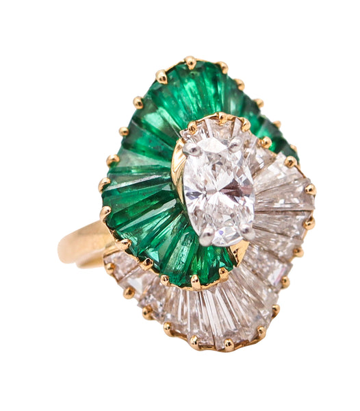 OSCAR HEYMAN Cocktail Ring In 18Kt Gold, Platinum, 2.98 Ctw Emeralds & Diamonds