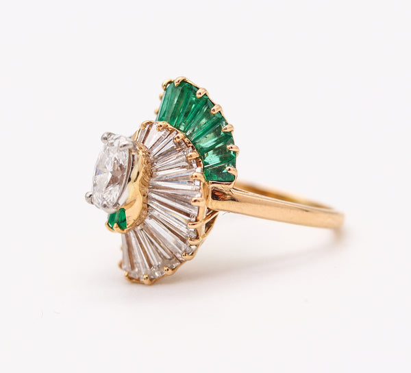 OSCAR HEYMAN Cocktail Ring In 18Kt Gold, Platinum, 2.98 Ctw Emeralds & Diamonds