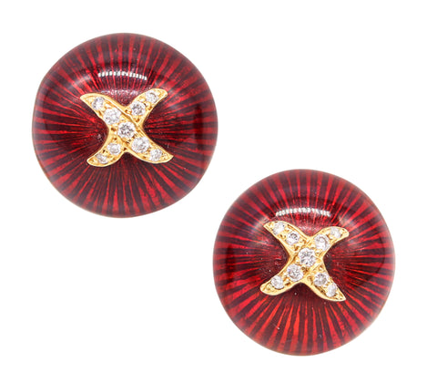 HIDALGO Enameled Round Bombe Clips Earrings In 18Kt Gold With Diamonds