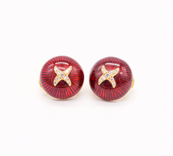 HIDALGO Enameled Round Bombe Clips Earrings In 18Kt Gold With Diamonds