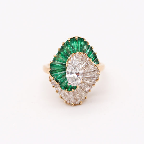 OSCAR HEYMAN Cocktail Ring In 18Kt Gold, Platinum, 2.98 Ctw Emeralds & Diamonds