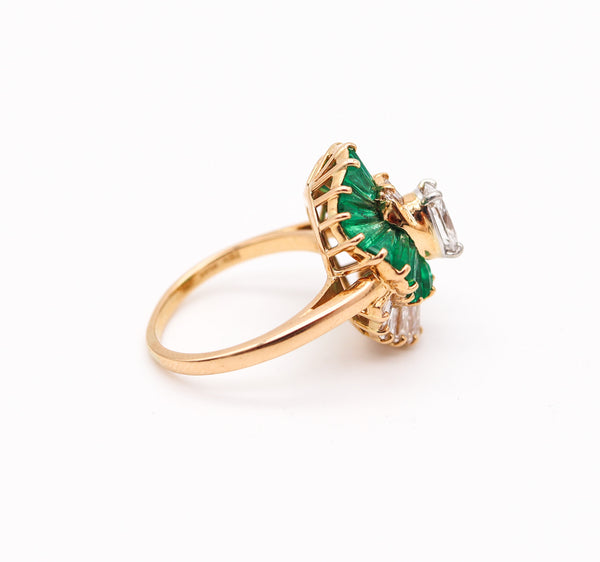 OSCAR HEYMAN Cocktail Ring In 18Kt Gold, Platinum, 2.98 Ctw Emeralds & Diamonds