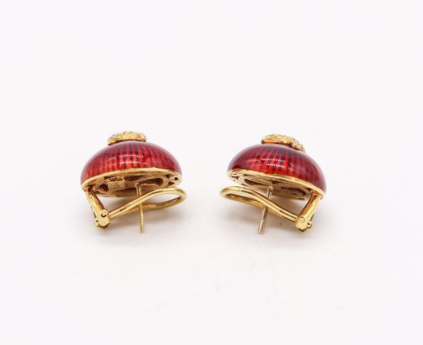 HIDALGO Enameled Round Bombe Clips Earrings In 18Kt Gold With Diamonds