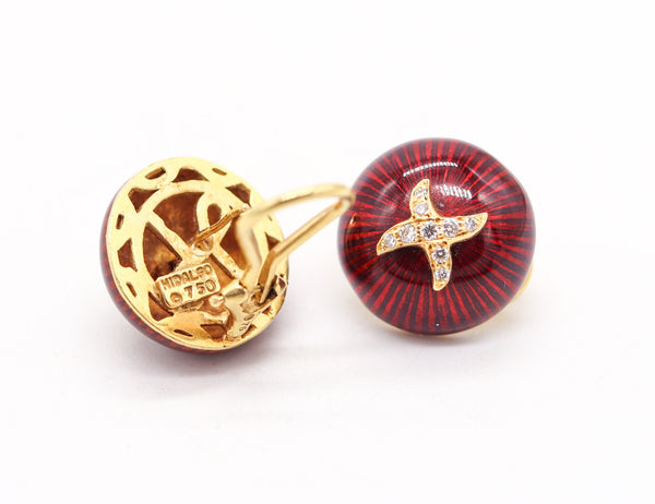 HIDALGO Enameled Round Bombe Clips Earrings In 18Kt Gold With Diamonds