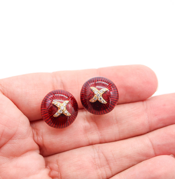 HIDALGO Enameled Round Bombe Clips Earrings In 18Kt Gold With Diamonds