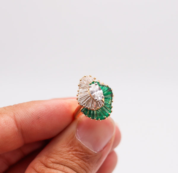 OSCAR HEYMAN Cocktail Ring In 18Kt Gold, Platinum, 2.98 Ctw Emeralds & Diamonds
