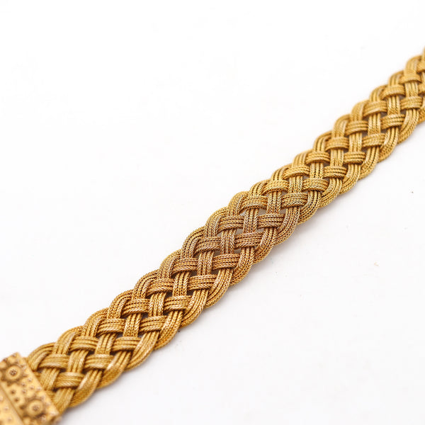 -England 1860 Victorian Etruscan Revival Woven Bracelet In 14Kt Yellow Gold