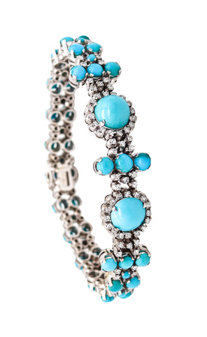 -Italian 1950 Bracelet In 18Kt White Gold With 12.97 Ctw In Turquoises And Diamonds