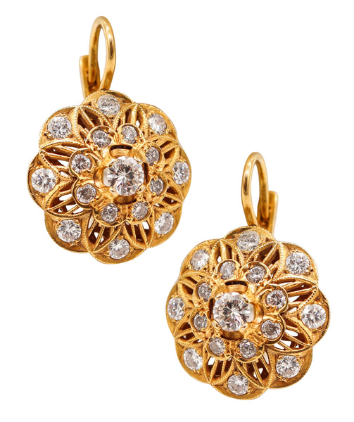 ART-DECO 1925 Italian Rosettes Dangle Earrings In 18Kt Gold With 3.26 Ctw Diamonds