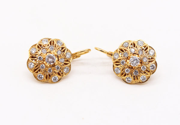 ART-DECO 1925 Italian Rosettes Dangle Earrings In 18Kt Gold With 3.26 Ctw Diamonds