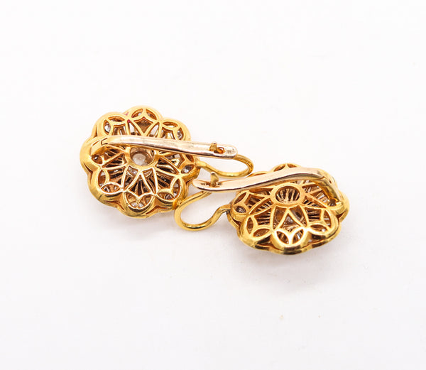 ART-DECO 1925 Italian Rosettes Dangle Earrings In 18Kt Gold With 3.26 Ctw Diamonds