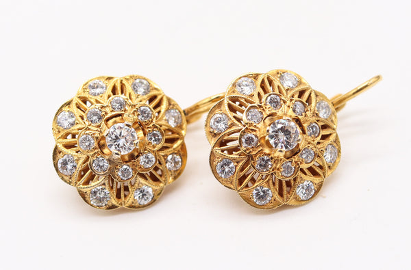 ART-DECO 1925 Italian Rosettes Dangle Earrings In 18Kt Gold With 3.26 Ctw Diamonds