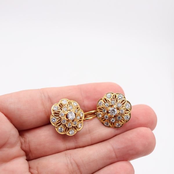 ART-DECO 1925 Italian Rosettes Dangle Earrings In 18Kt Gold With 3.26 Ctw Diamonds