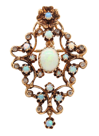 VICTORIAN 1890 Pendant-Brooch In 18Kt Yellow Gold Precious Opals & Diamonds