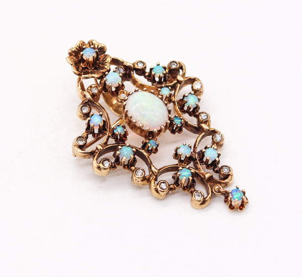 VICTORIAN 1890 Pendant-Brooch In 18Kt Yellow Gold Precious Opals & Diamonds