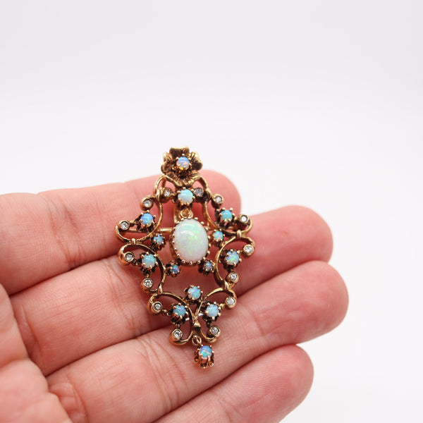 VICTORIAN 1890 Pendant-Brooch In 18Kt Yellow Gold Precious Opals & Diamonds
