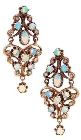 VICTORIAN 1890 Dangle Earrings In 18Kt Yellow Gold Precious-Opals & Diamonds