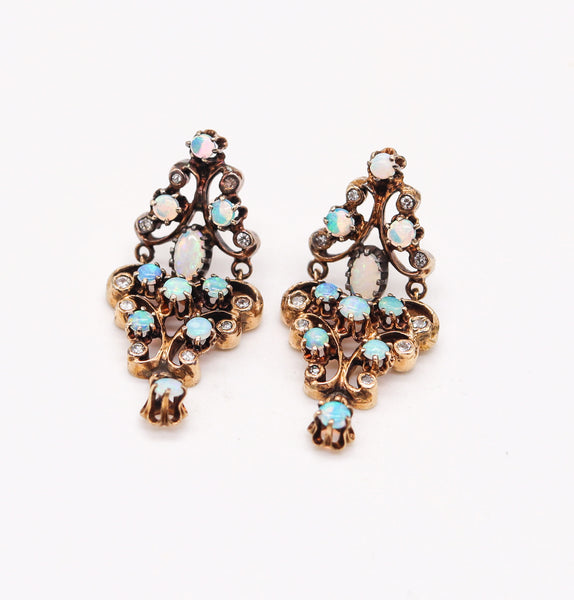 VICTORIAN 1890 Dangle Earrings In 18Kt Yellow Gold Precious-Opals & Diamonds