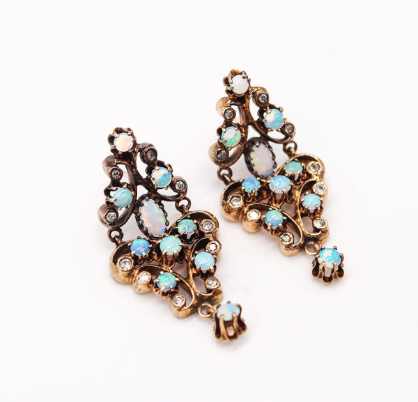 VICTORIAN 1890 Dangle Earrings In 18Kt Yellow Gold Precious-Opals & Diamonds