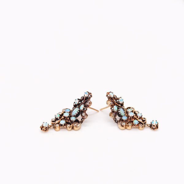 VICTORIAN 1890 Dangle Earrings In 18Kt Yellow Gold Precious-Opals & Diamonds