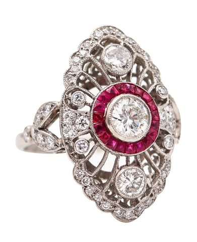 -Art Deco 1930 Cocktail Ring In Platinum With 2.92 Ctw In Diamonds And Rubies