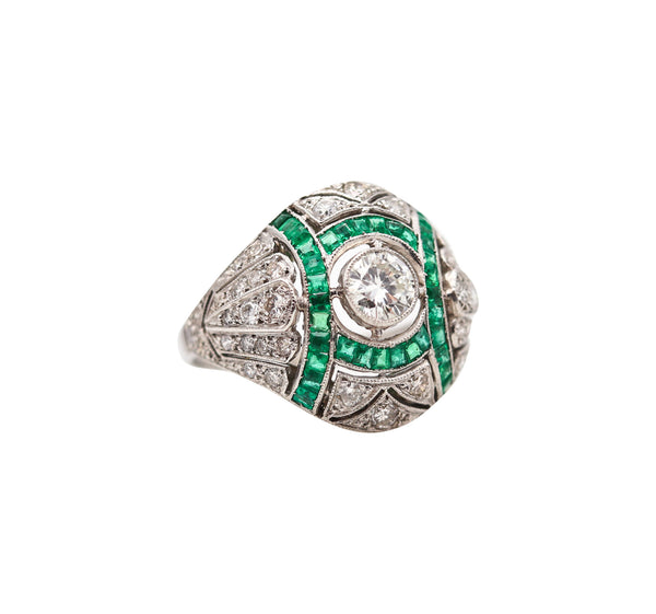 -Art Deco 1930 Cocktail Bombe Ring In Platinum With 3.19 Ctw Diamonds And Emeralds