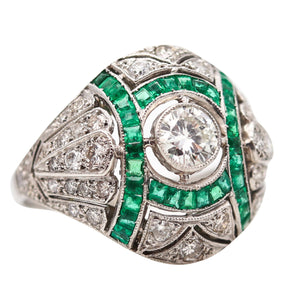 -Art Deco 1930 Cocktail Bombe Ring In Platinum With 3.19 Ctw Diamonds And Emeralds