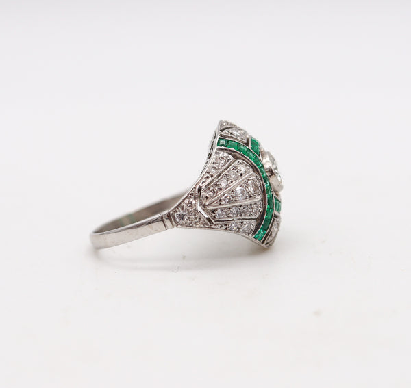 -Art Deco 1930 Cocktail Bombe Ring In Platinum With 3.19 Ctw Diamonds And Emeralds