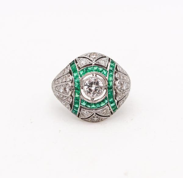 -Art Deco 1930 Cocktail Bombe Ring In Platinum With 3.19 Ctw Diamonds And Emeralds