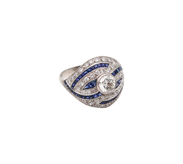 -Art Deco 1930 Bombe Cocktail Ring In Platinum With 2.85 Ctw Diamonds And Sapphires