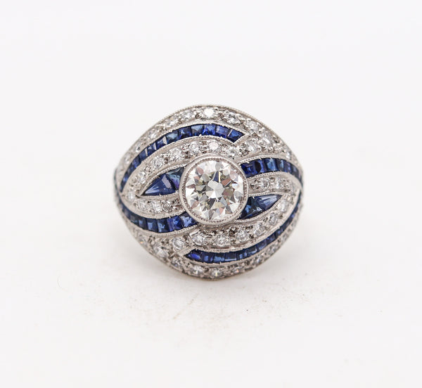 -Art Deco 1930 Bombe Cocktail Ring In Platinum With 2.85 Ctw Diamonds And Sapphires