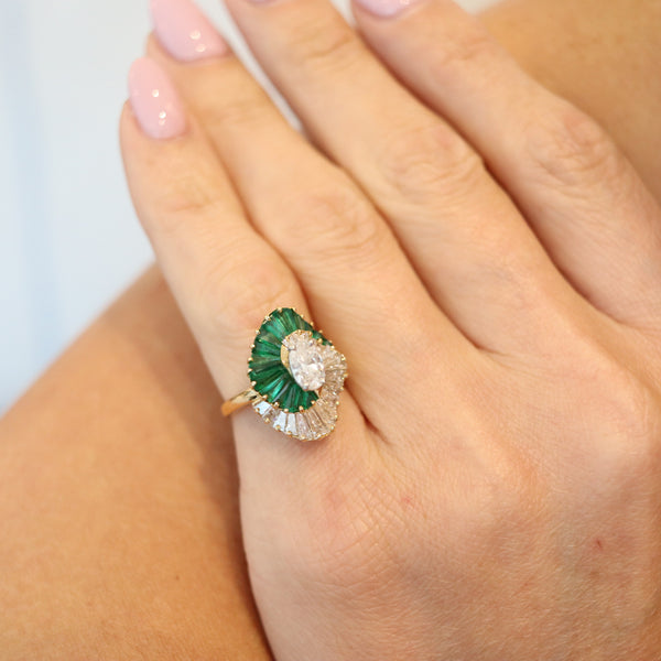 OSCAR HEYMAN Cocktail Ring In 18Kt Gold, Platinum, 2.98 Ctw Emeralds & Diamonds