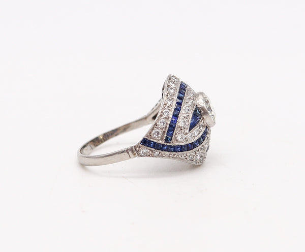 -Art Deco 1930 Bombe Cocktail Ring In Platinum With 2.85 Ctw Diamonds And Sapphires