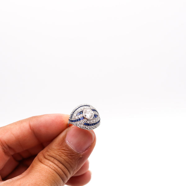 -Art Deco 1930 Bombe Cocktail Ring In Platinum With 2.85 Ctw Diamonds And Sapphires