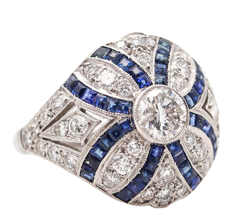-Art Deco 1930 Bombe Ring In Platinum With 3.04 Ctw In Diamonds And Sapphires